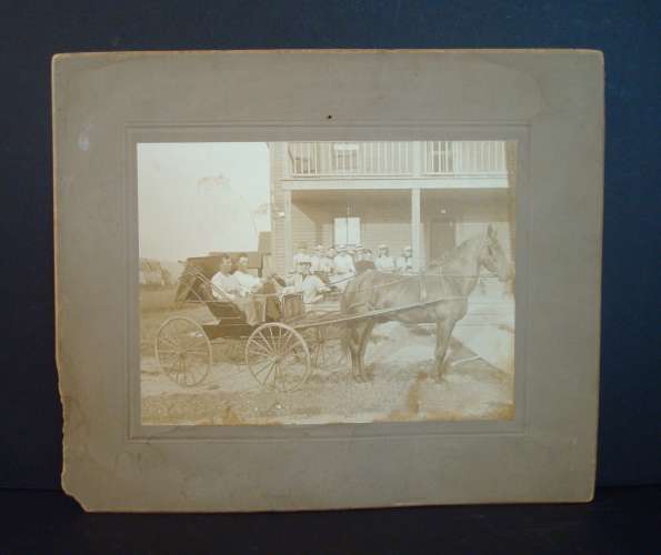 Early Base Ball Team on Porch with Horse Drawn Carriage