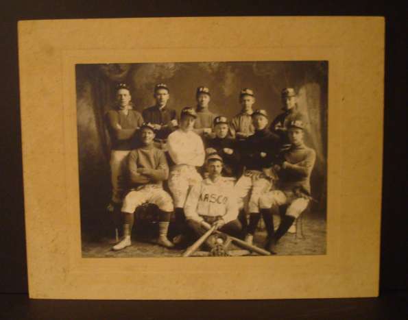 Early Base Ball Team with Names Painted on Uniforms with Equipment