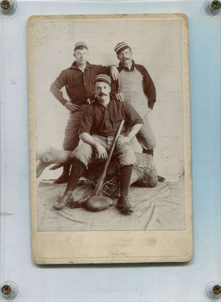 Three Early Base Ball Players One Sitting on Log Studio Portrait